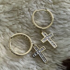 925 CZ Gold Cross Hoop Earrings